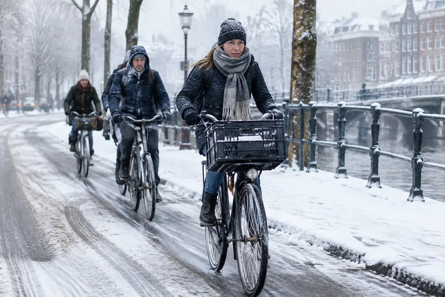 Drie mensen fietsen op stadsfietsen over besneeuwd pad langs gracht, winterse lucht
