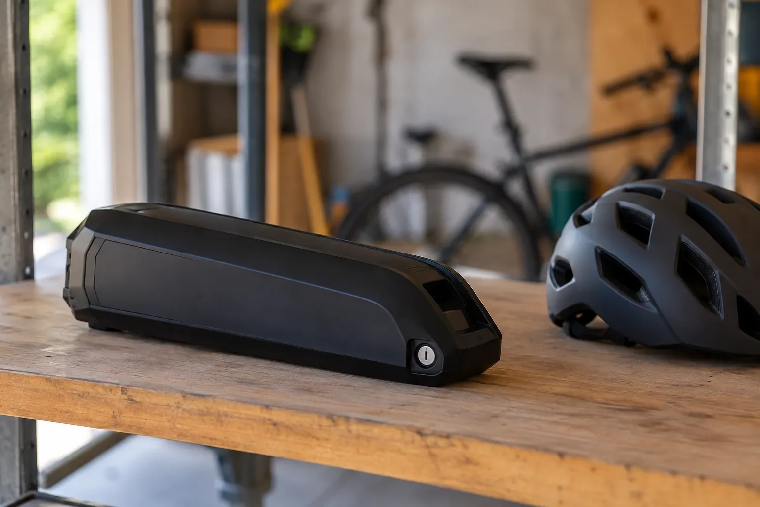 Zwarte e-bike accu op houten werkbank naast fietshelm in verlichte garage