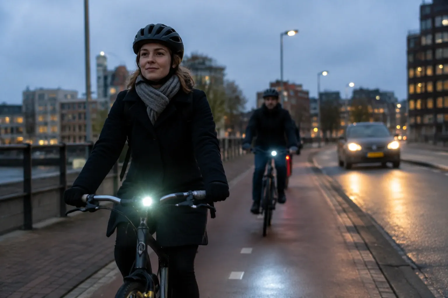 Vrouw op fiets met wit voorlicht en helm, fietspad bij avondlicht, stadsomgeving
