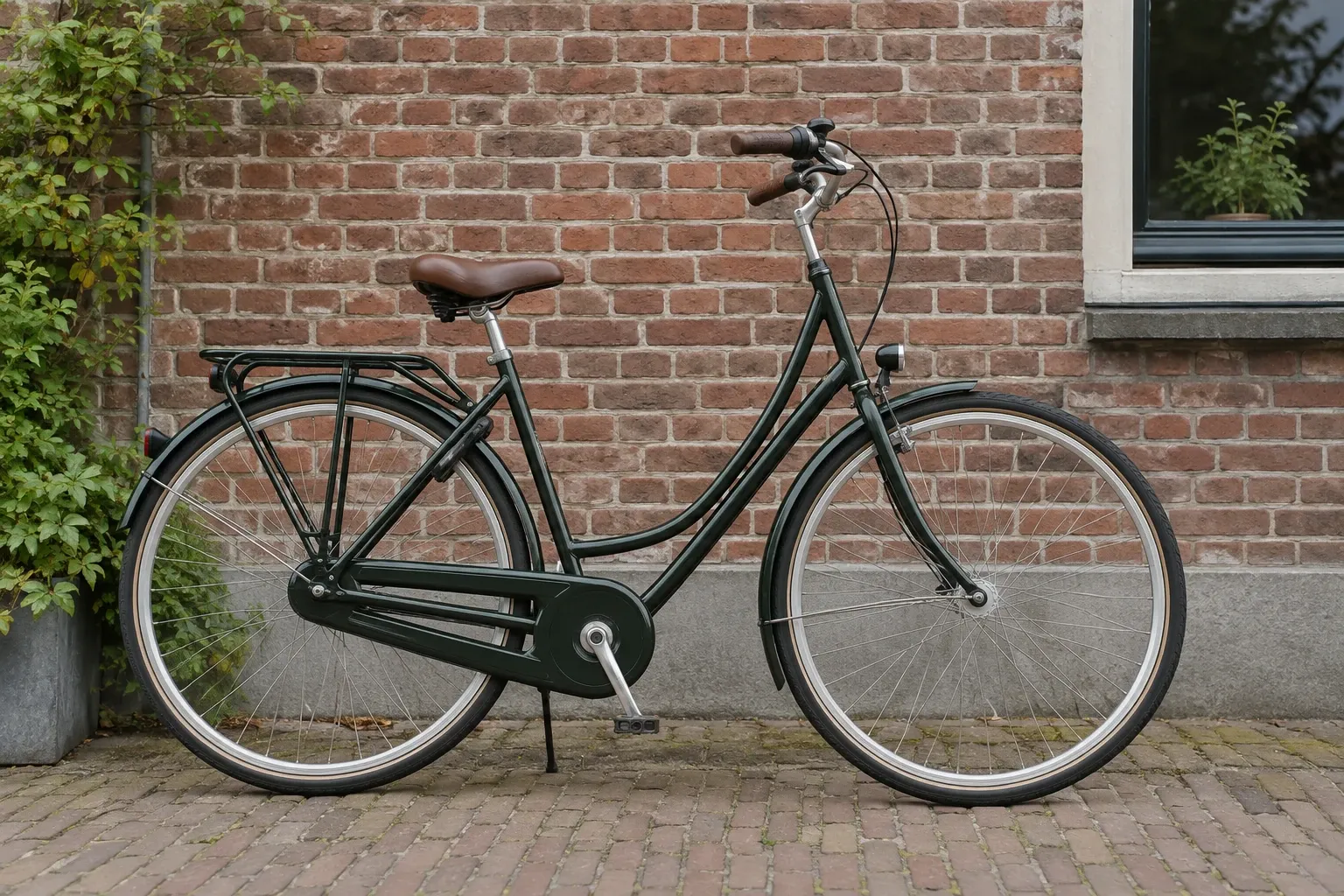 Donkergroene stadsfiets met lage instap, bruine zadel en bagagedrager tegen bakstenen muur