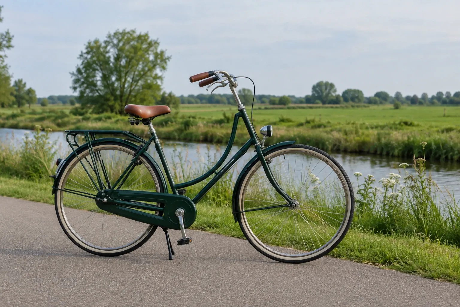 Donkergroene stadsfiets met bruine zadel geparkeerd langs kanaal, groene weilanden achtergrond