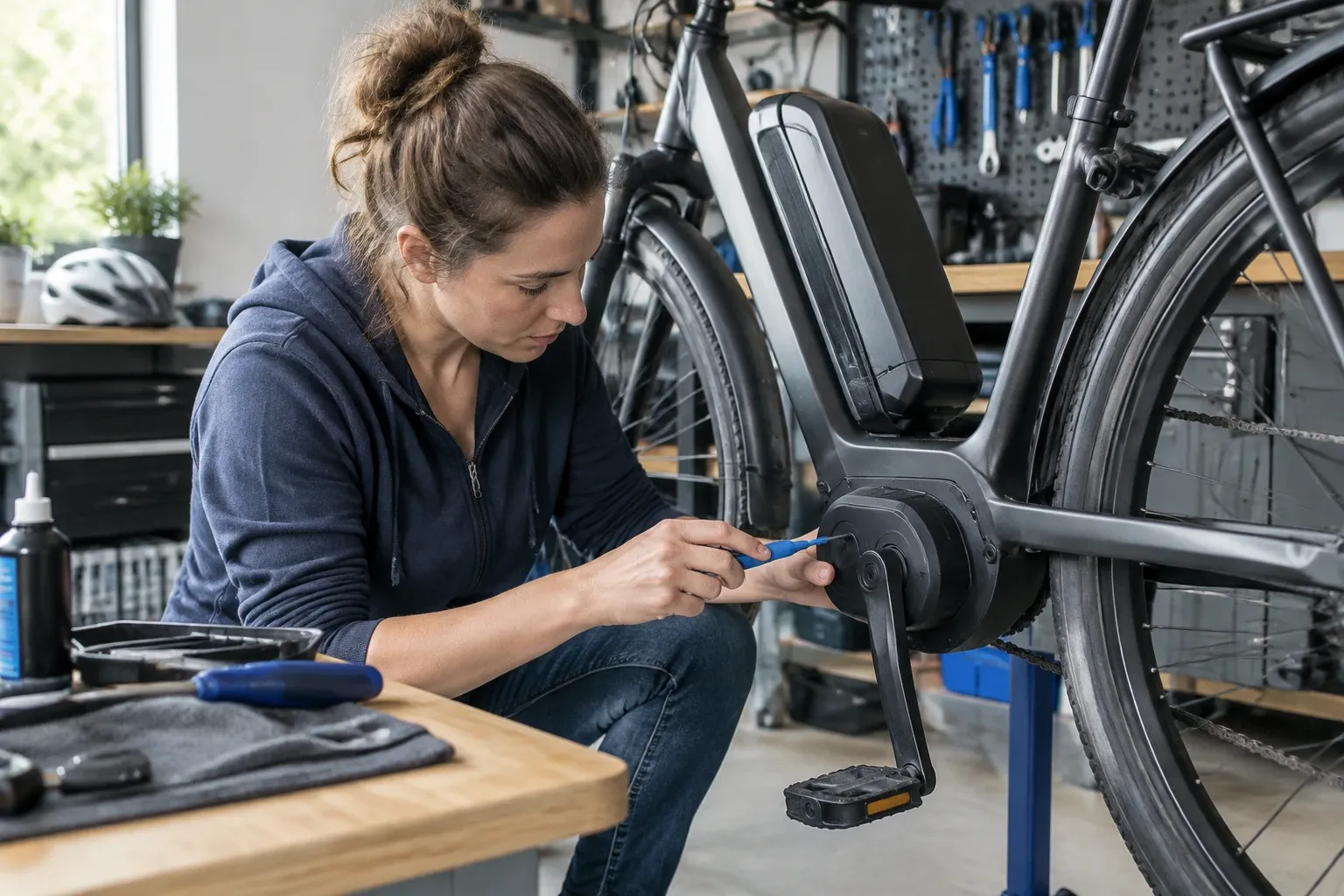 Vrouw repareert motortrapset van elektrische fiets in goed verlicht werkplaats