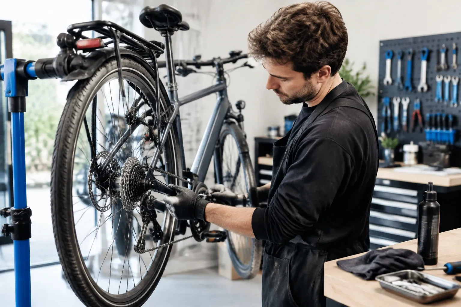 Monteur onderhoudt achterwiel en cassette van een stadsfiets in lichte werkplaats