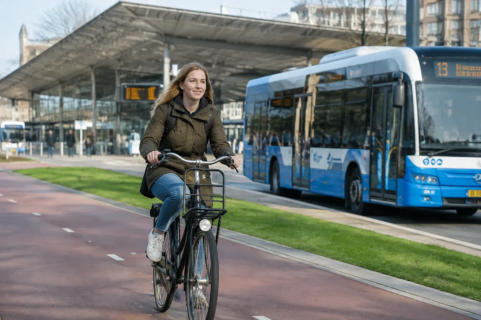 Vrouw fietst op stadsfiets over fietspad langs bushalte met blauwe bus op achtergrond